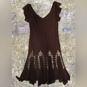 Vintage 90’s Brown Flutter Sleeve Asymmetrical Hem Dress With Beading